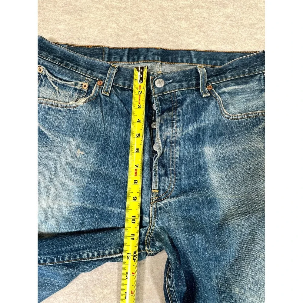 Levis 501 Original Fit‎ Straight Jeans Mens 36x34 Blue Denim Cotton Frayed Hem